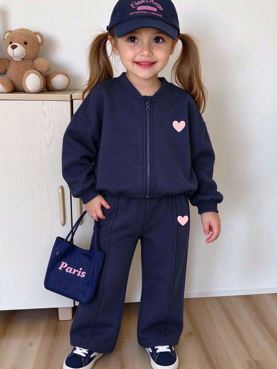 Young Girl Heart Print Baseball Collar Zip-Up Jacket And Pants Casual Set - Royal Blue - View 1