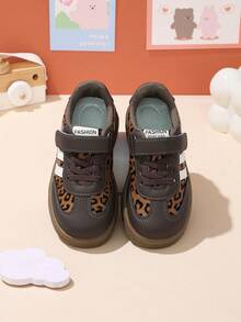 Fashion Leopard Print Patchwork Kids' Sports Shoes, Non-Slip Soft Sole, Hook And Loop Closure, Boys' And Girls' School Shoes, Comfortable Daily Walking And Training Shoes - Brown - View 3