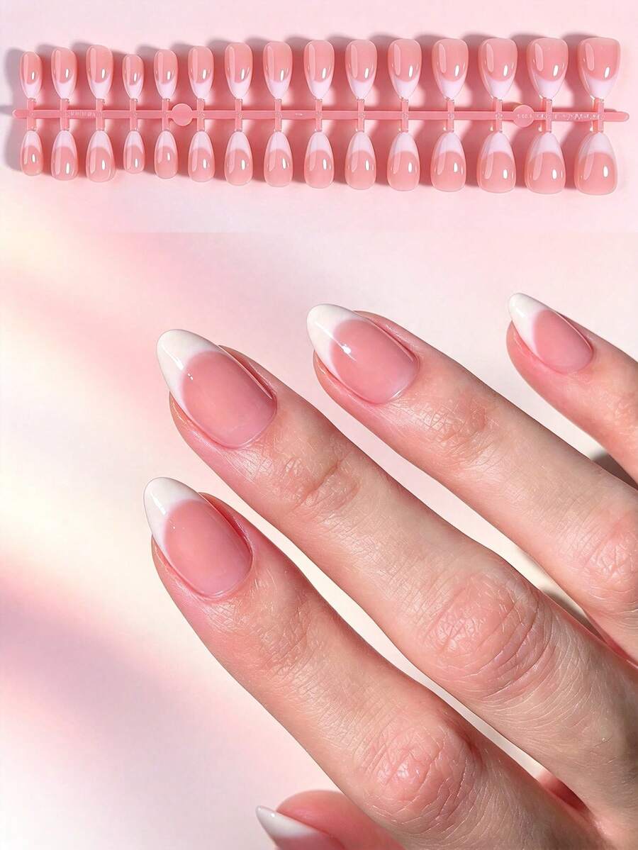 150pcs Short Almond French White Gradient Design Press-On Nails, Acrylic Fake Nail Set, Includes 1pc Jelly Glue And 1pc Nail File