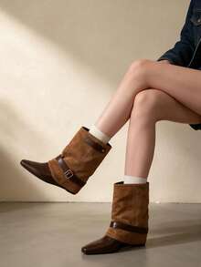 Women's Plus Size Black Pointed Toe Ruched Ankle Boots, Gold Square Buckle Lace-Up Flat Boots, Suitable For Daily Street Style Autumn/Winter Outfits - Brown - View 6