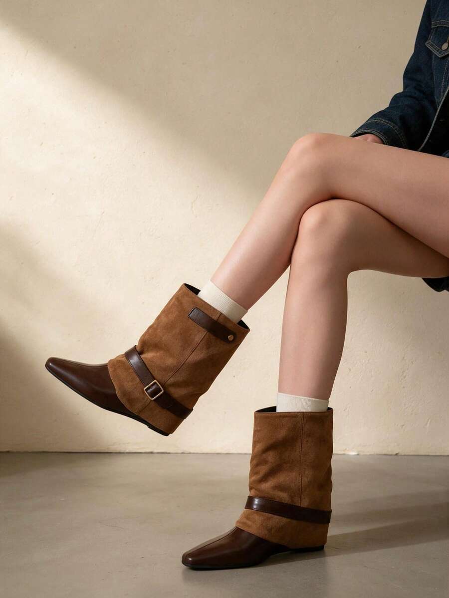 Women's Plus Size Black Pointed Toe Ruched Ankle Boots, Gold Square Buckle Lace-Up Flat Boots, Suitable For Daily Street Style Autumn/Winter Outfits - Brown - View 1