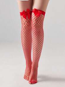 Red Bow Red Fishnet Over-The-Knee Socks Lolita Y2K Gothic Style Cosplay Stockings - Red - View 1