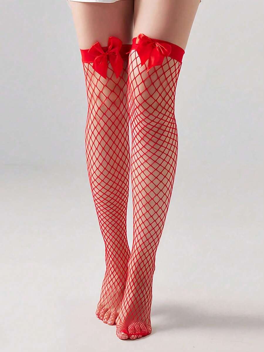 Red Bow Red Fishnet Over-The-Knee Socks Lolita Y2K Gothic Style Cosplay Stockings - Red - View 1