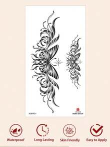 1pc Y2K Style Bow Tattoo Sticker, Bow Pattern, Floral Print, Disposable Fake Tattoo, Gothic Style Temporary Tattoo Sticker, Waterproof And Sweat-Proof, Washable, No Reflection Effect, Simulates Tattoo Effect On Arms, Legs, Shoulders, Chest, Back, Suitable For Fashion-Forward People, Lasts 3 To 5 Days - Black - View 6