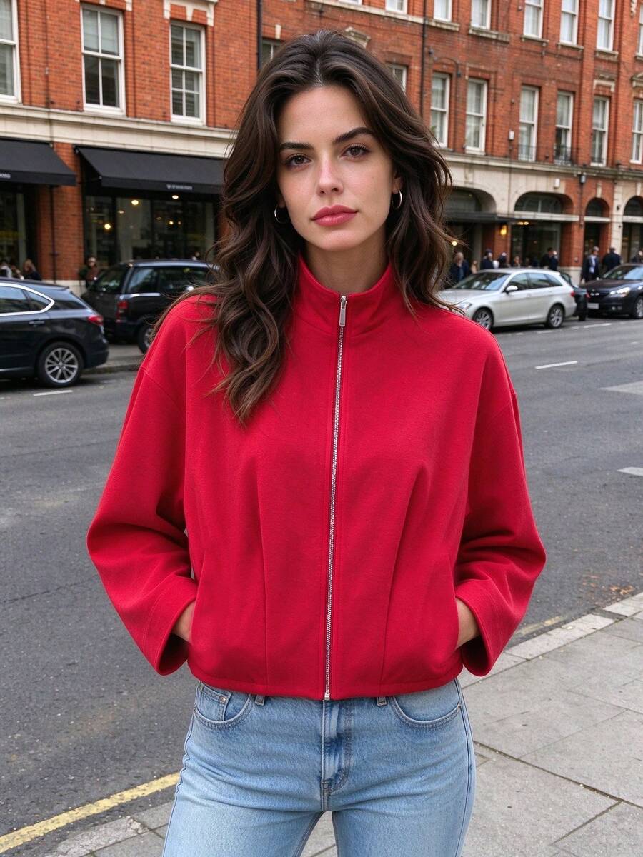 Mellowy Autumn New Women's European And American Style Minimalist Fashion Versatile Stand Collar Flight Jacket - Red - View 1