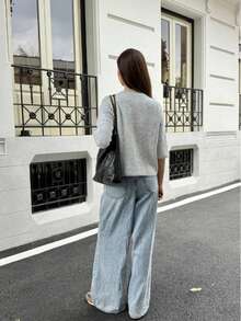 Plus Size Women's Y2K Grey Round Neck Short Sleeve Knit Cardigan Top, Button Detail, Suitable For Streetwear And Commuting - Oat - View 5