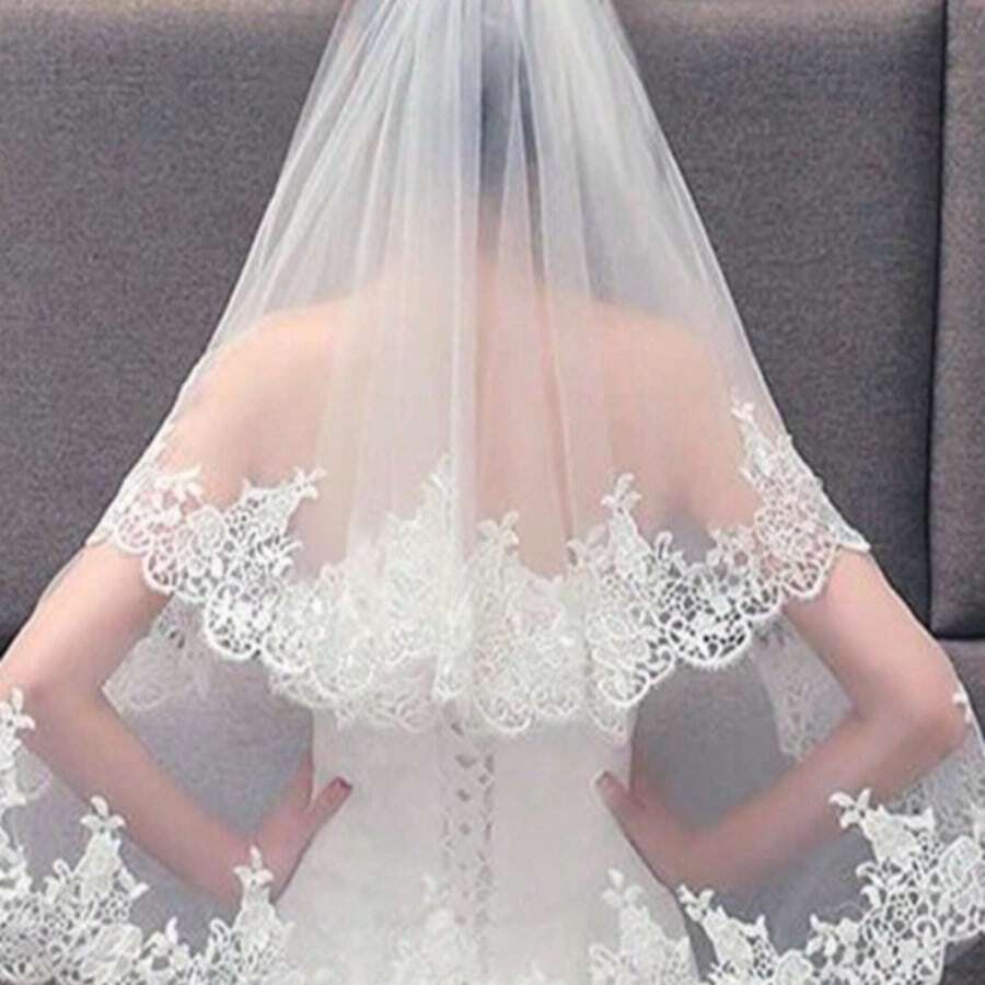 1pc Double Layer Lace Applique Bridal Veil, Women's Wedding Accessory, White/Beige, Autumn Women's Clothing - Multicolor - View 1