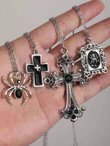 4pcs Vintage Gothic Rhinestone Cross Spider Cross Hip Hop Men's Necklace Set - Silver - View 8