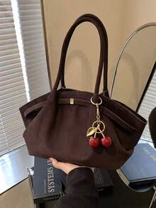 1pc Solid Color Matte PU Fabric One Shoulder Bag, Women's Vintage Fashion Small Capacity Handbag, Dual Handle Design, Snap Closure, Suitable For Travel, Shopping, Dating, Women's Gift, Suitable For Teenage Girls, College Students, New Professionals And Office Workers, Perfect For Office, Campus, Work, Business, Commuting, Outdoor, Travel, Outing - Coffee - View 2