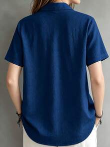Casual Basic Plus Size Women's Button-Up Short Sleeve Shirt Blouse - Blue - View 2