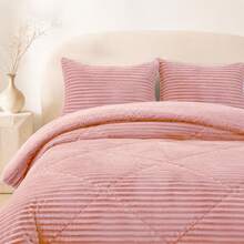 Juego de Edredón Sherpa Reversible con Textura Acanalada 3D y Fundas de Almohada, Suave, Cálido y Mullido, Ropa de Cama de Invierno para Dormitorio - Rosa - Ver 1