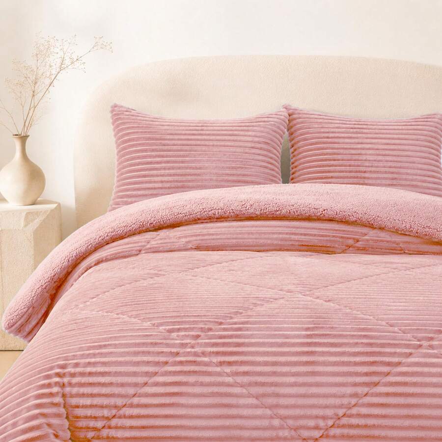 Juego de Edredón Sherpa Reversible con Textura Acanalada 3D y Fundas de Almohada, Suave, Cálido y Mullido, Ropa de Cama de Invierno para Dormitorio - Rosa - Ver 1