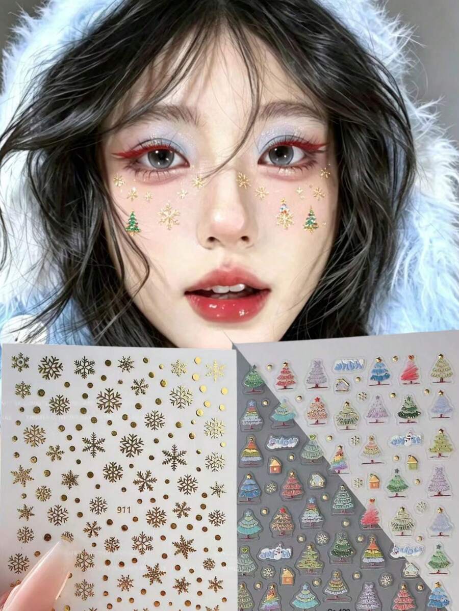 2件組金色雪花聖誕樹臉部貼紙,自黏箔面雪花與彩色小樹貼紙,聖誕新年派對眼妝臉部裝飾貼紙,節日拍照氛圍感妝容貼紙 - 彩色 - 查看 1