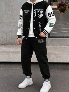 2pcs/Set Tween Boy Casual Patchwork Fleece Jacket And Drawstring Fleece Pants Suit, Autumn/Winter - Black - View 8