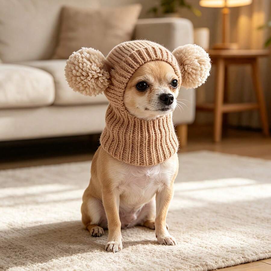 Cute Pink Pom Pom Pet Hat, Knitted Pullover Neck Warmer For Small Dogs And Cats, Winter Windproof Warm Headwear - Khaki - View 1