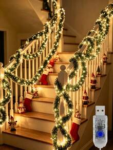 1pc 6m/19.69ft Christmas Green Metal Ribbon Lights, Battery Powered, Suitable For Christmas Tree Green Decoration, Home Party, Bedroom, Garden And Christmas Party Atmosphere Lighting - Green and White - View 1