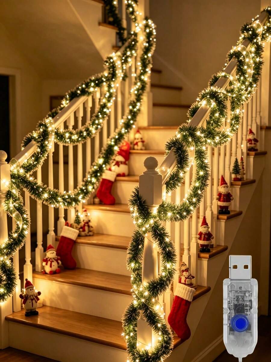 1pc 6m/19.69ft Christmas Green Metal Ribbon Lights, Battery Powered, Suitable For Christmas Tree Green Decoration, Home Party, Bedroom, Garden And Christmas Party Atmosphere Lighting - Green and White - View 1