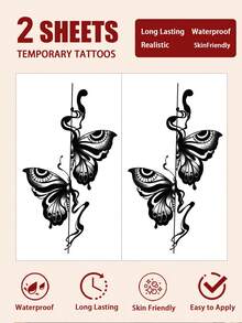 2pcs Y2K Style Tattoo Stickers, Black Butterfly Pattern, Floral Print, Disposable Fake Tattoos, Gothic Scroll Temporary Tattoo Stickers, Waterproof And Sweat-Proof, Washable, Non-Reflective, Simulates Tattoo Effect On Arms, Legs, Shoulders, Chest, Back, Suitable For Fashion-Forward People, Lasts 3 To 5 Days - Black - View 5