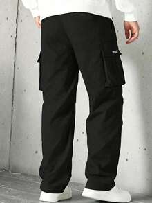 Men's Fashion Solid Color Outdoor Cargo Pants, Drawstring Waist Design, Side Pockets; Comfortable Breathable Sports Style - Black - View 2