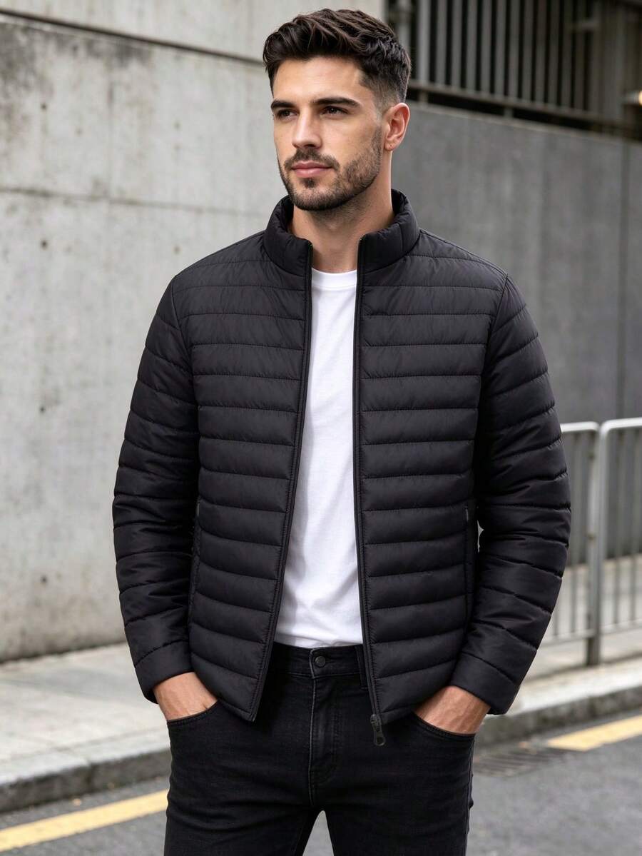 1pc Men's Autumn/Winter Stand Collar Quilted Cotton Jacket, Thick Padded Lightweight Warm Coat, Suitable For Daily Versatile Work Commute - Black - View 1
