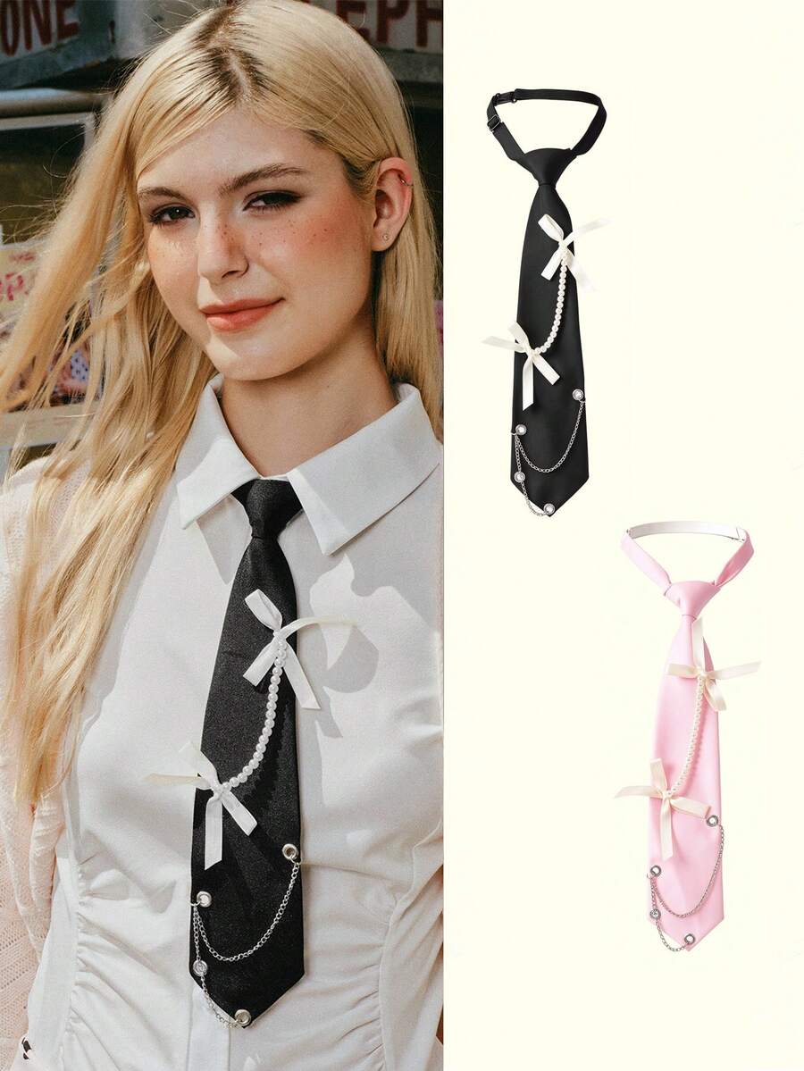 Popjeli 1pc Women's Fashion Bow Decor Chain Link Faux Pearl Punk Elegant Neck Tie, Suitable For Party, Gift, School - A - View 1