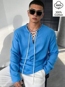 WAIT HIM 100% Cotton Men's Casual Solid Color Long Sleeve Tie-Up Notch Collar Loose Shirt, Spring & Autumn - Blue - View 2