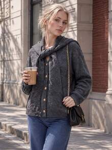 Women Fall Scarf Collar Cable Knit Cardigan, Christmas Button Front Sweater Jacket, Casual For City Walk & Holiday Dinner - Grey - View 4