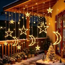 Solar Energy Star Moon Curtain LED Lights, Twinkling Hanging Window Decor Lamps, Waterproof, Romantic Lighting For Dorm, Backyard, Ramadan, Birthday & Festival - Star and Moon Night Light - View 11