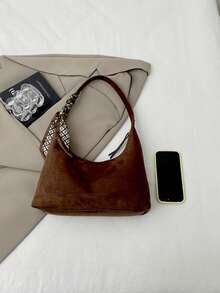 Fashionable Retro Solid Color Crescent-Shaped One Shoulder Bohemian Bag With Scarf Decoration, Suitable For Women's Shopping, Dating, Gifting And Daily Use - Coffee - View 3