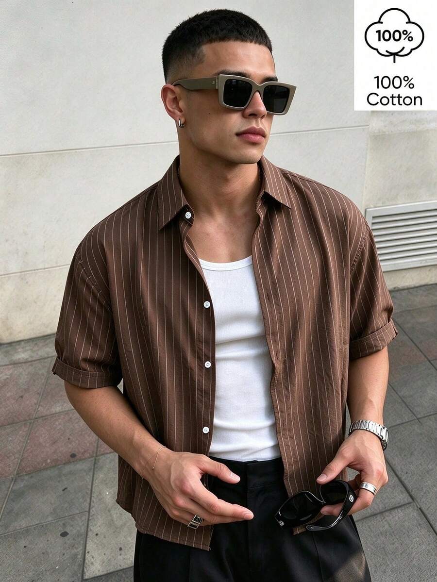 WAIT HIM 100% Cotton Men's Vintage Vertical Striped Short Sleeve Shirt, Lightweight Loose Button-Up Casual Shirt For Spring And Summer - Brown - View 1