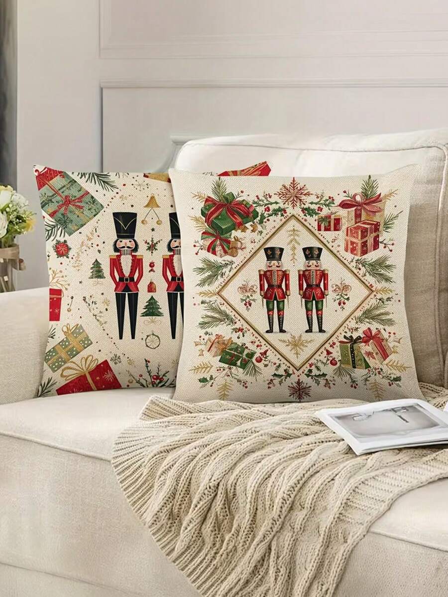 2Pcs Retro Nutcracker Soldier Throw Pillow Covers, Vintage Christmas Art Print Cushion Shell For Couch Bed Winter Xmas Decoration - Multicolor - View 1