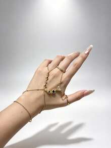 18K Gold Plated Colorful Gemstone Heart Hand Chain Bracelet, Connected Double Finger Ring Hand Harness, Dainty Women Hand Jewelry For Daily Party - Gold - View 8