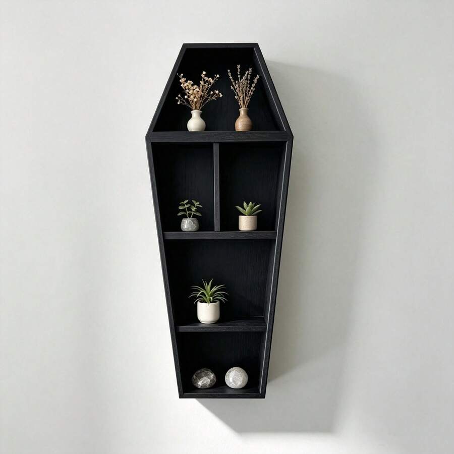 Kệ trưng bày mini hình quan tài với trang trí đầu lâu, tủ cảnh quan siêu nhỏ phong cách Gothic cho nhà búp bê, giá treo tường diorama cho pha lê mini và mô hình nhỏ - A - Xem 1
