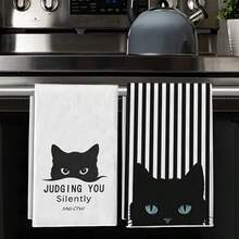 2 Packs Cat Kitchen Towels, Watercolor Black And White Cat Pattern, Printed With "Silently Judging Your Meow" Text, Suitable For Cat Lovers, Farmhouse Style, Can Be Used For Kitchen Dishwashing, Hand Drying, Tea Drying, And Table Drying, Etc. - Black and White - View 7