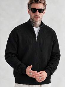 Men's Half-Zip Stand Collar Chunky Ribbed Knit Polo Sweater Black Half-Zip Long Sleeve Pullover - Black - View 5