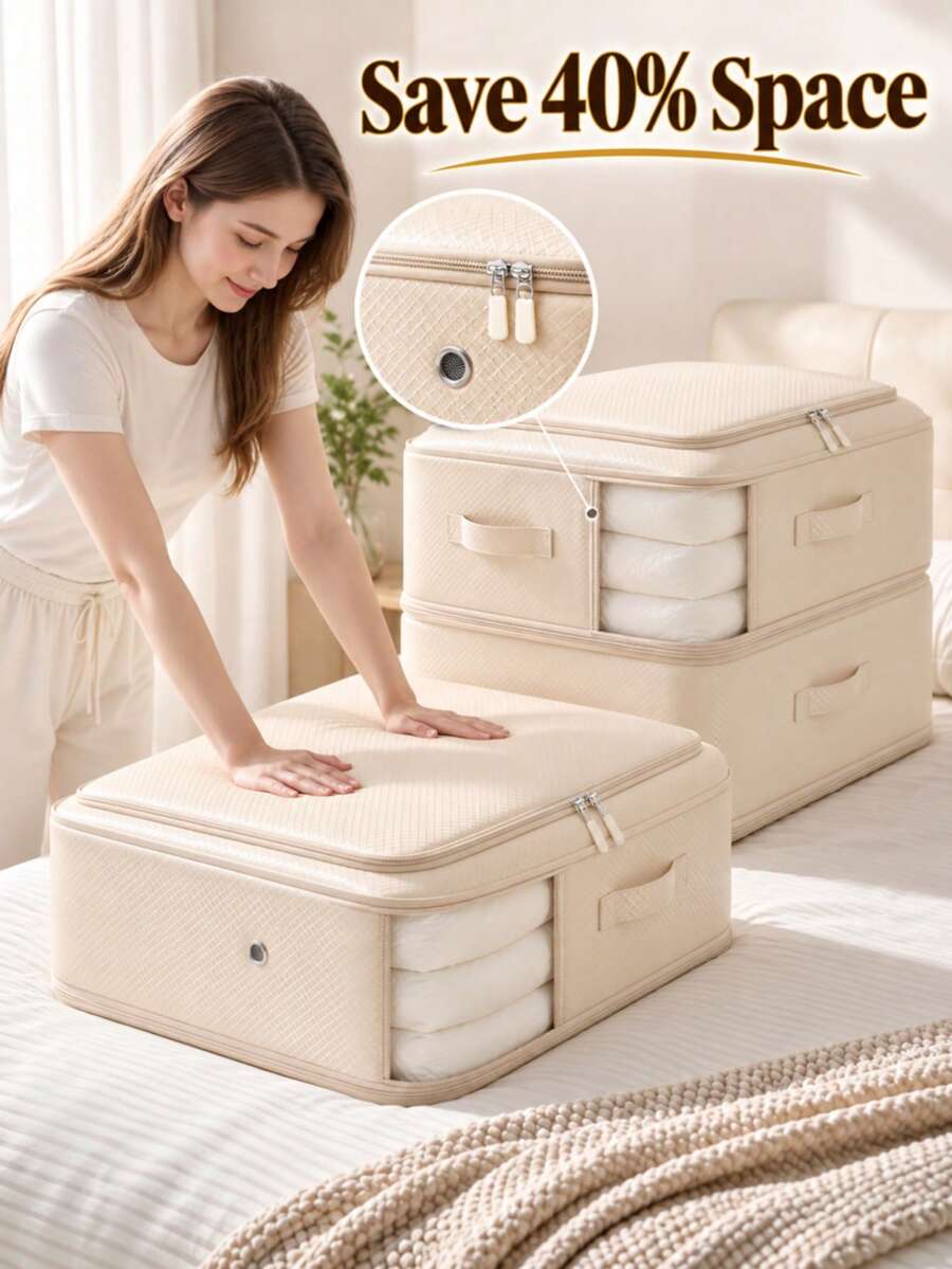 1Pc Portable Compression Storage Bag,Large Capacity Space Saver For Clothes,Bedding,Quilts,Blankets,Pillows,Sofa Cushions,Down Comforters.Dual-Use For Travel & Moving,Ideal For Closet,Under Bed,Bedroom,Living Room,Wardrobe Storage,Quilt Storage Bag - Multicolor - View 1