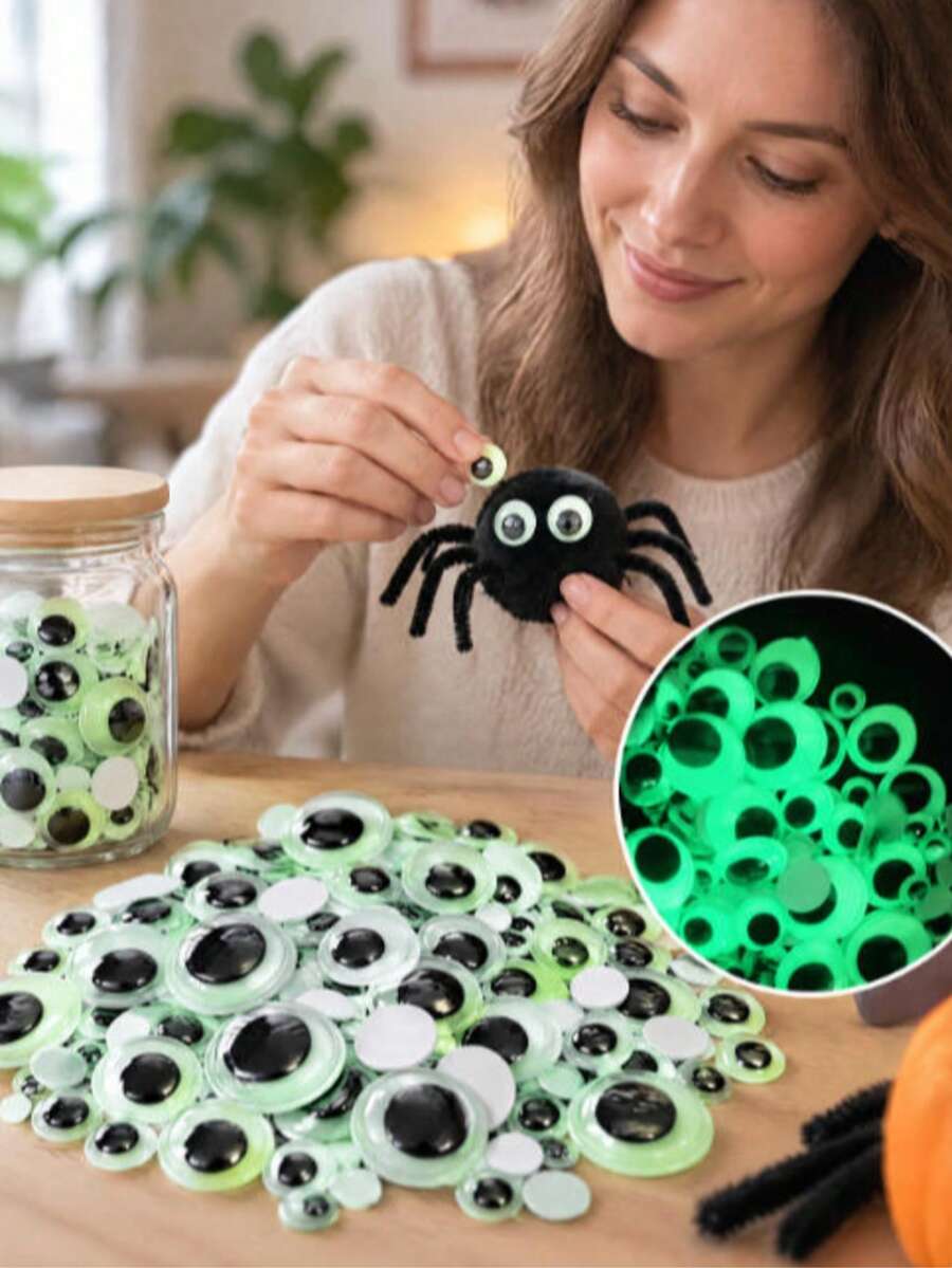 100pcs Glow-In-The-Dark Wiggle Eyes, Mixed Sizes, Self-Adhesive Plastic Movable Toy Eyes, Fluorescent Clay Craft Accessories, Easy-To-Use Handmade Parts, Practical Art DIY Supplies, Popular Seasonal Components, Suitable For Scrapbooking, Card Making, Holiday Creative Decoration Projects - Multicolor - View 1