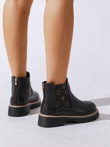Women's New Brown Patchwork Printed Chelsea Ankle Boots For Autumn/Winter, Made Of Flexible PU Leather With Vintage Floral Print, Thick Sole With Anti-Slip Grooved Bottom, Rear Zipper Design For Easy On/Off, Simple Casual Style Suitable For Young Women, Versatile For Spring/Autumn/Winter, Perfect For Daily Commute And Outings - Black - View 6