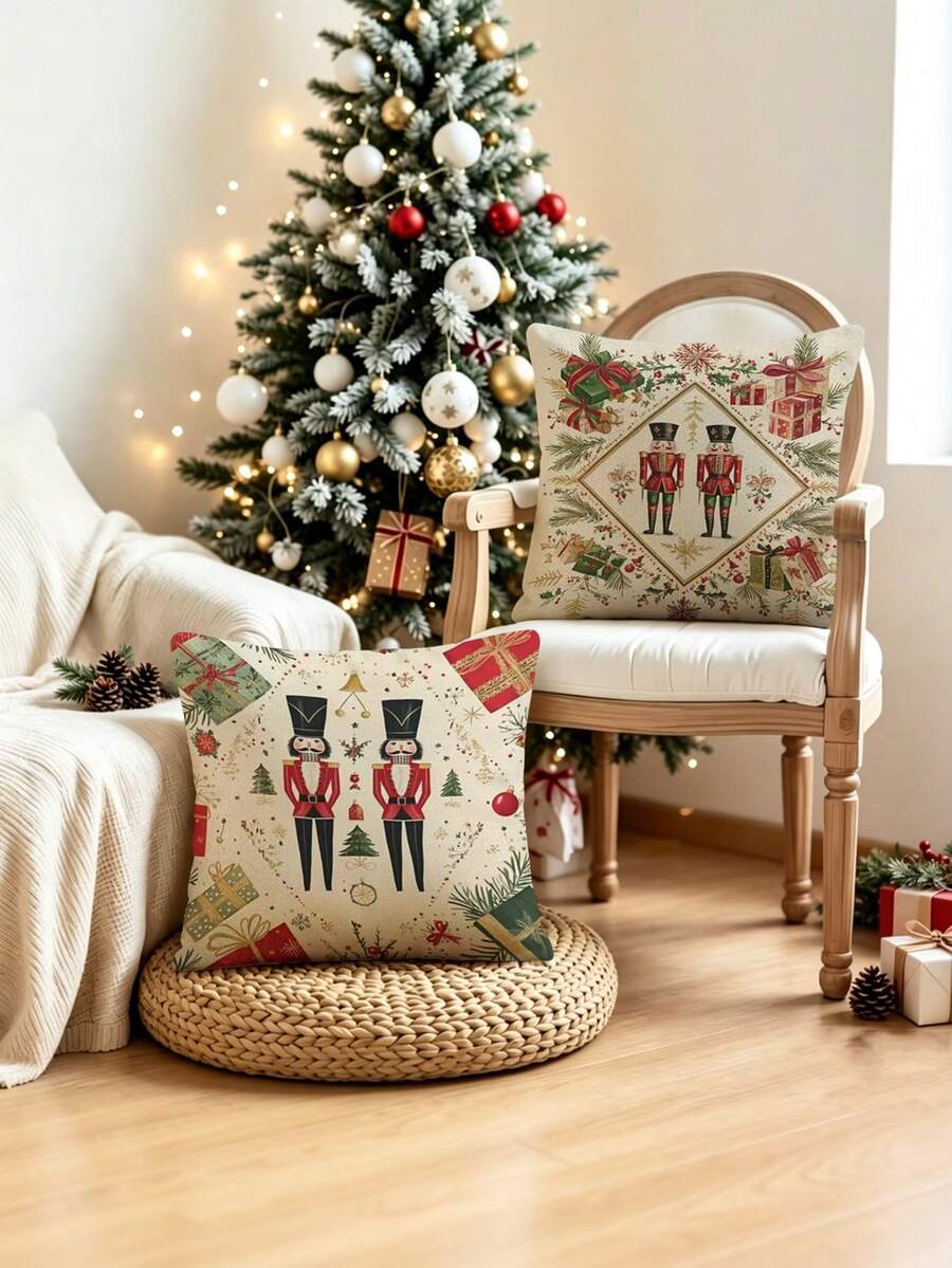2Pcs Retro Nutcracker Soldier Throw Pillow Covers, Vintage Christmas Art Print Cushion Shell For Couch Bed Winter Xmas Decoration - Multicolor - View 1