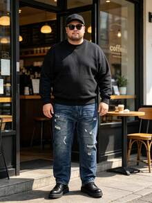Men's Elastic Waist Vintage Distressed Straight Leg Jeans, Multi-Functional Non-Stretch Plus Size Distressed Blue Loose Fit Streetwear Denim Pants - Navy Blue - View 6
