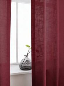 1PC Wine Red Linen Texture Sheer Curtain, Simple Solid Color Living Room Bedroom Bay Window Semi-Transparent Window Sheer - Burgundy - View 9
