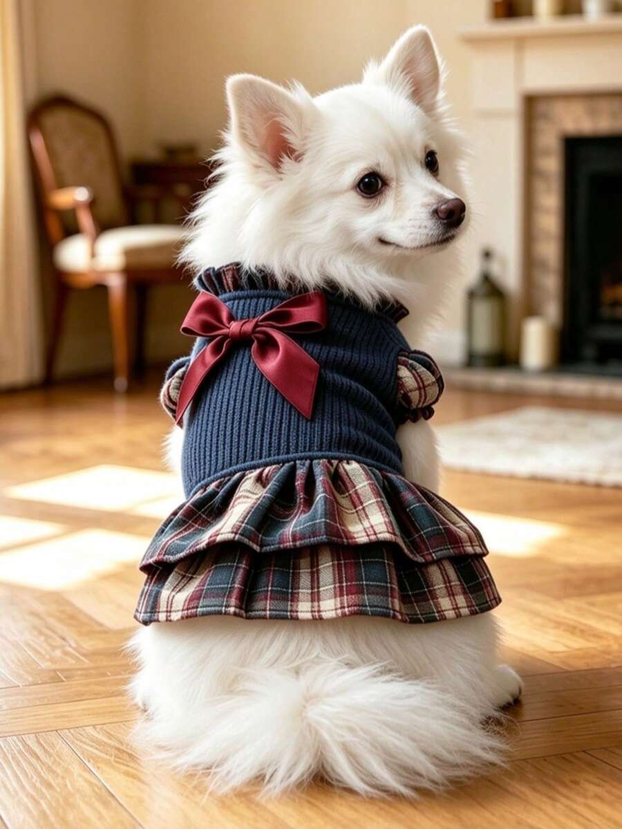 Elegant Preppy Style Pet Cat & Dog Princess Dress, Red Bow Plaid Knit Sweater Dress, Christmas Holiday Outfit, Suitable For Small Dogs And Pet Cats - Multicolor - View 1