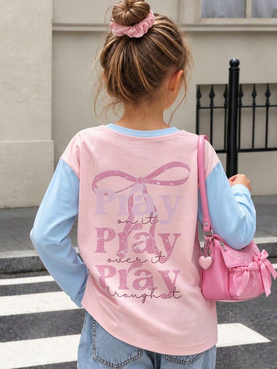 Tween Girl 1pc Printed Patchwork Contrast Color Long Sleeve T-Shirt, Suitable For Girls' Autumn/Winter Tops, Young Student Children's Wear, Suitable For Outerwear And Layering - Pink - View 1