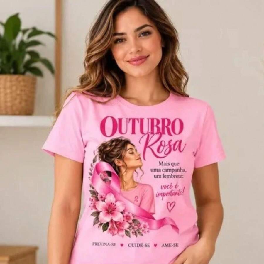Blusa camiseta feminina OUTUBRO ROSA, LAÇO FLORES, PREVENÇÃO, VIDA MULHER tshirt  plus size - Rosa chiclete - Visão 1