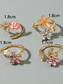 imoli Bộ 4 nhẫn xếp chồng hoa hồng và hoa màu hồng ngọt ngào tráng men đính đá rhinestone và ngọc trai giả, nhẫn hở điều chỉnh được màu vàng, phù hợp cho nữ đeo hàng ngày, hẹn hò, tiệc tùng, du lịch, quà tặng trang sức - Nhiều màu - Xem 3