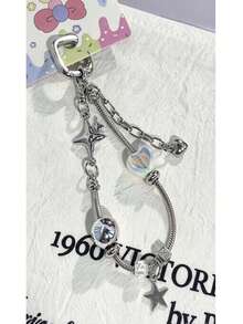 1pc Silver Star & Heart Beaded Keychain Phone Charm Bag Pendant DIY Snake Chain Pendant - Silver - View 2