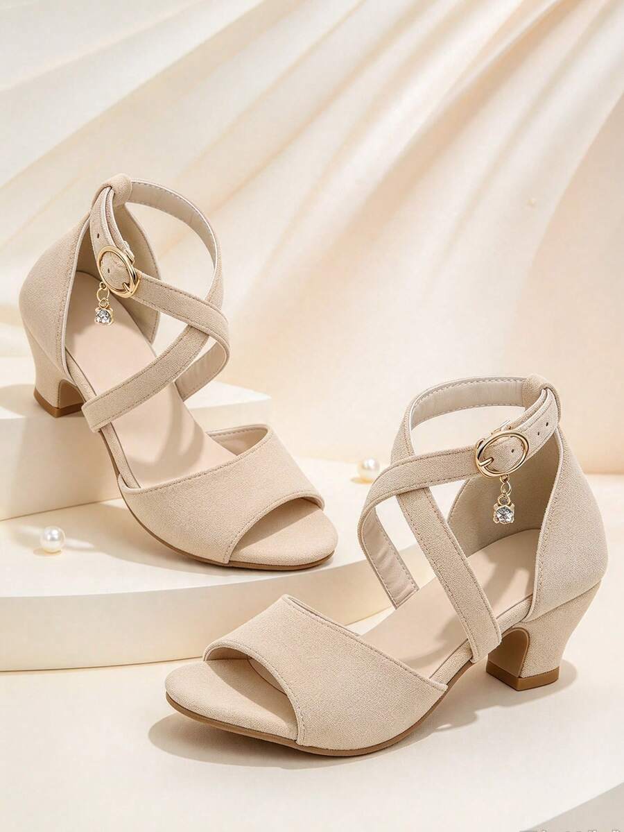 1 Pair Girls Chunky Heel Sandals, Matte PU Cross-Woven Decor, Round Toe Open Toe Flat Non-Slip Design, Simple Versatile Classic Elegant High Heel Sandals Suitable For Daily Campus And Party - Apricot - View 1