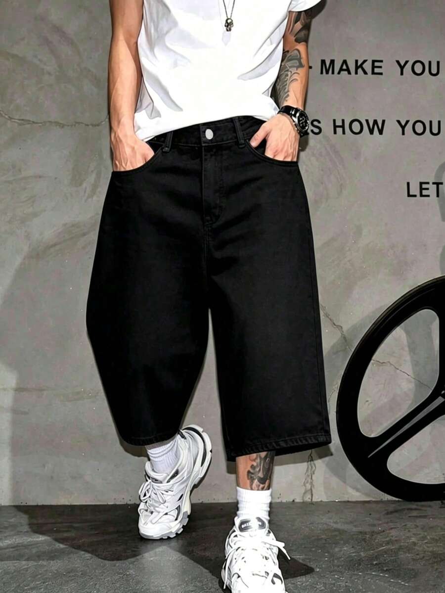 Loose Wide Leg Y2K Casual Bermuda Denim Shorts Suitable For City Walking, Hanging Out, Family Outdoor Activities - Black - View 1
