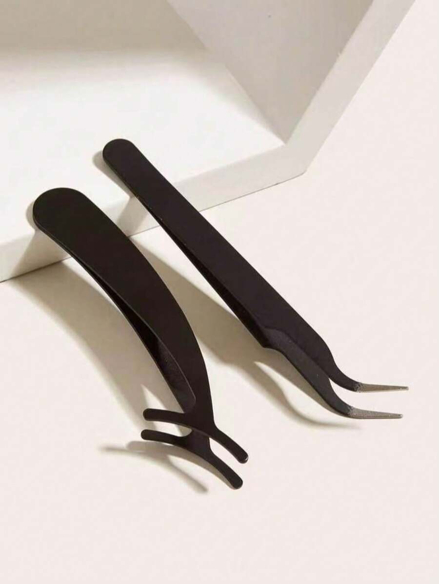 2 Packs False Eyelash Extension Tweezers For Grafting - Black - View 1