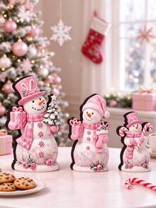 1/3Pcs Pink Christmas Snowman Tabletop Decor Set, Freestanding Winter Snowman Ornaments With Gift Box & Candy Cane, Rustic Xmas Desktop Decorations For Window Sill, Dining Table, Kitchen Counter, Holiday Home Decor, Christmas Gift For Family Friends - Pink - View 7